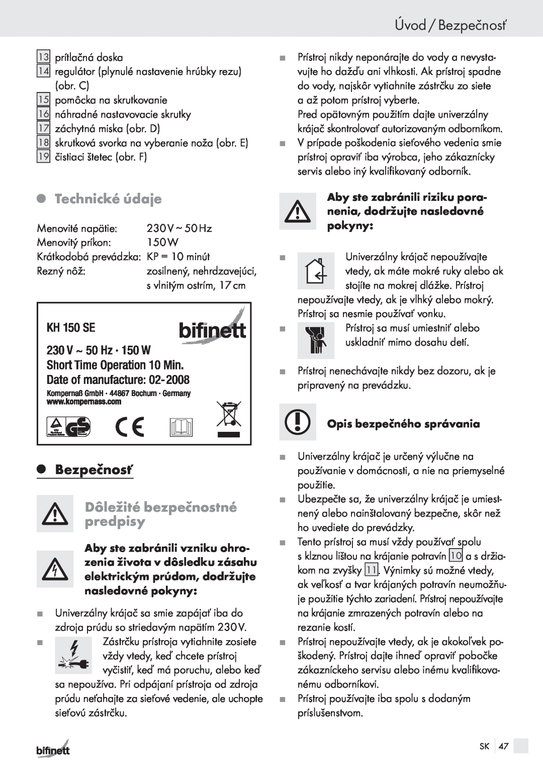 Bifinett KH 150 manual Úvod / Bezpečnosť, QBezpečnosť, Dôležité bezpečnostné predpisy, QTechnické údaje 